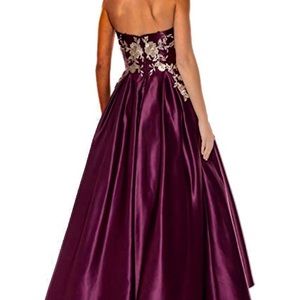 Betsy & Adam High Low Prom Dress Plum Gold
